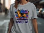 German Shepherd running with colorful splashes and text "UNLEASH the Joy".