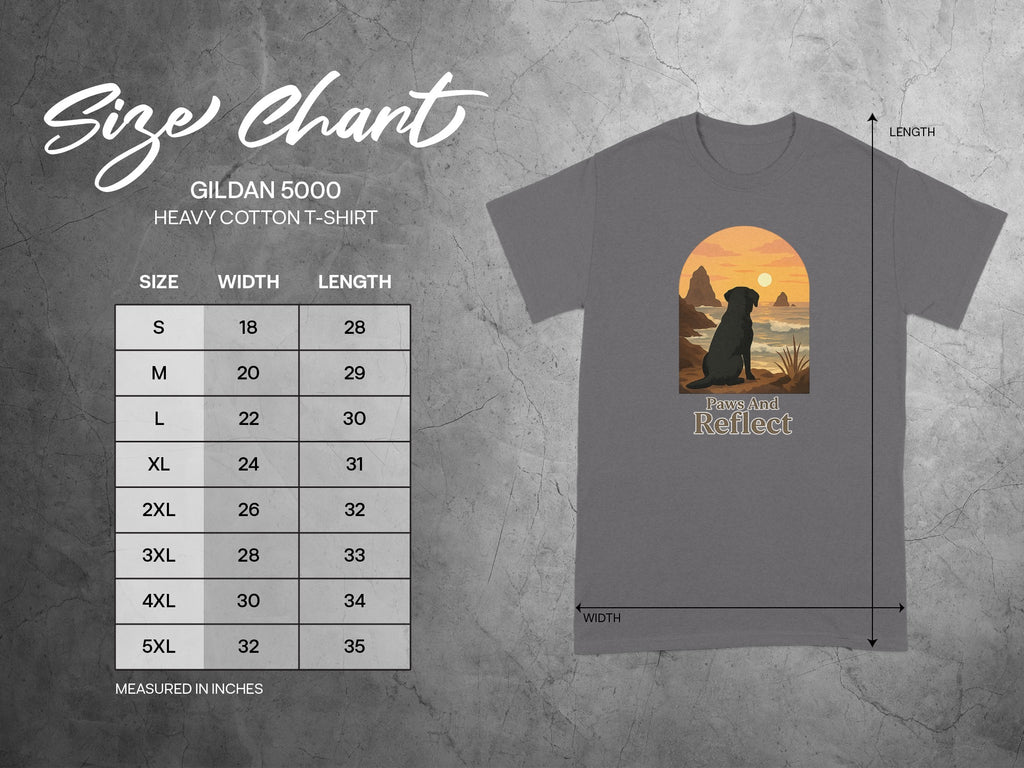 Gildan 5000 heavy cotton t-shirt size chart with width and length measurements.
