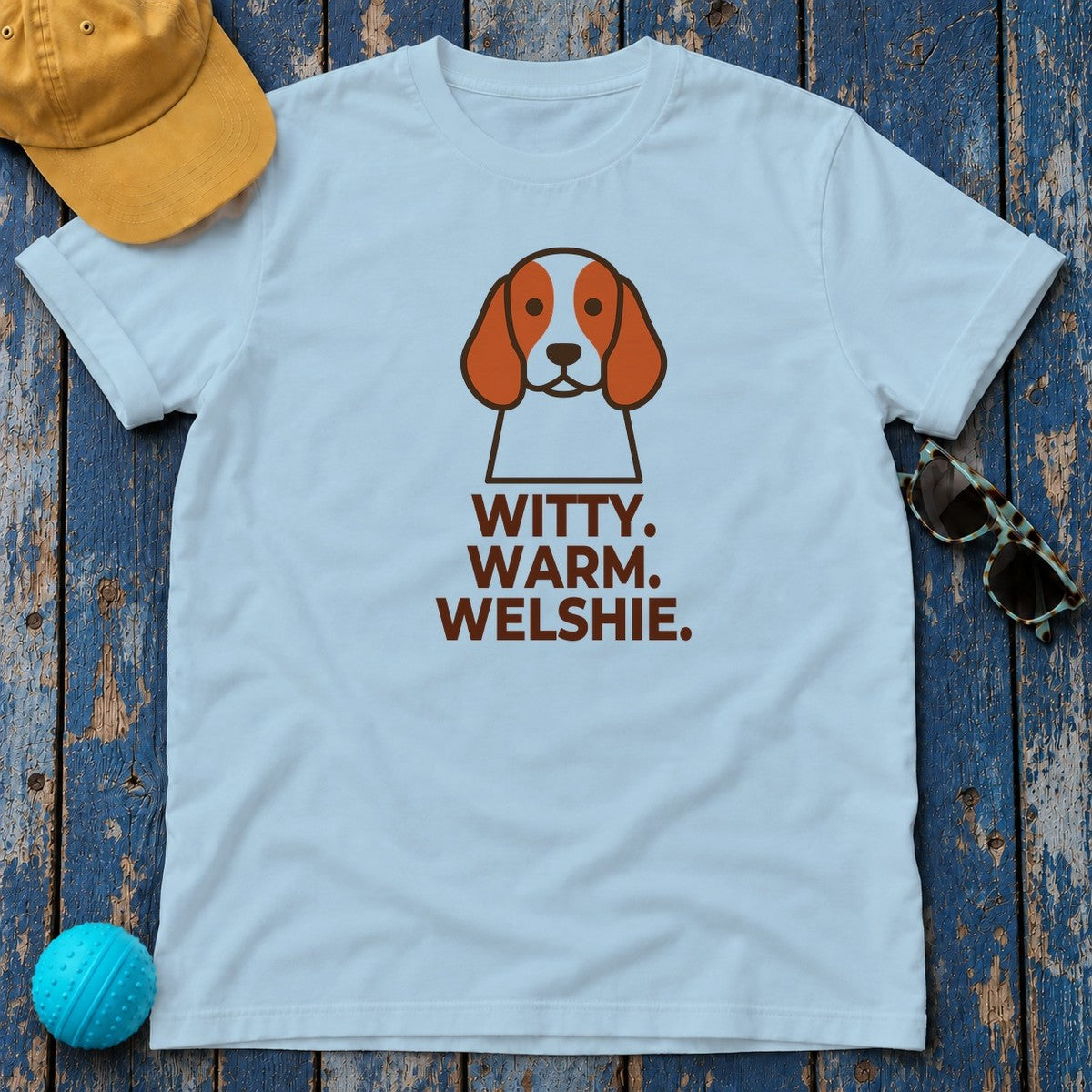 Witty. Warm. Welshie. Welsh Springer Spaniel T-Shirt in Light Blue