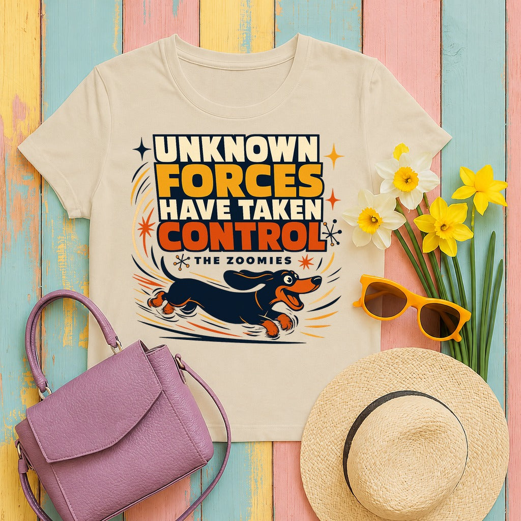 Unknown Forces: The Zoomies Dachshund T-shirt in Sand