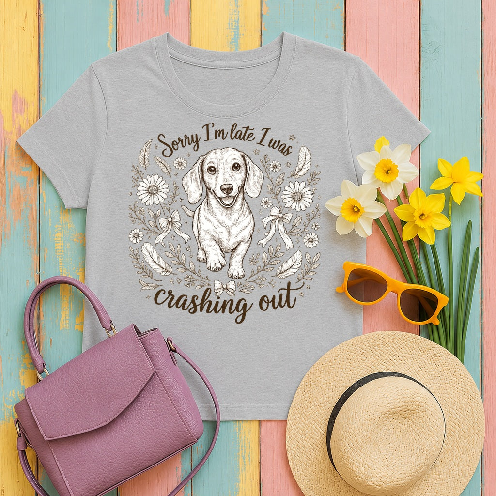 Whimsical Dachshund 'Crashing Out' T-Shirt in Sport Grey