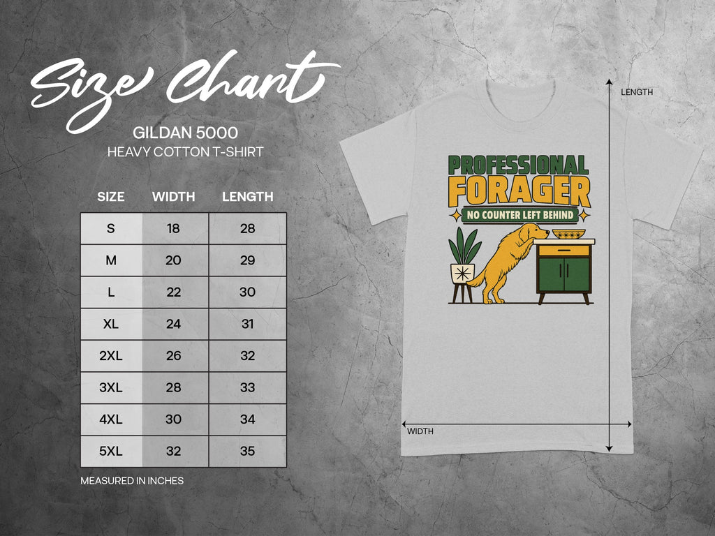 Gildan 5000 t-shirt size chart with "Professional Forager" graphic.