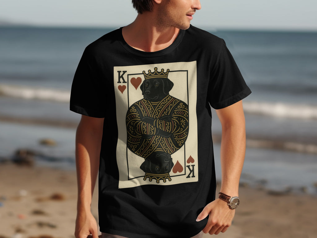 Black t-shirt with King of Hearts playing card graphic featuring a black dog.