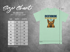 Gildan 5000 t-shirt size chart with graphic of anxious dog.
