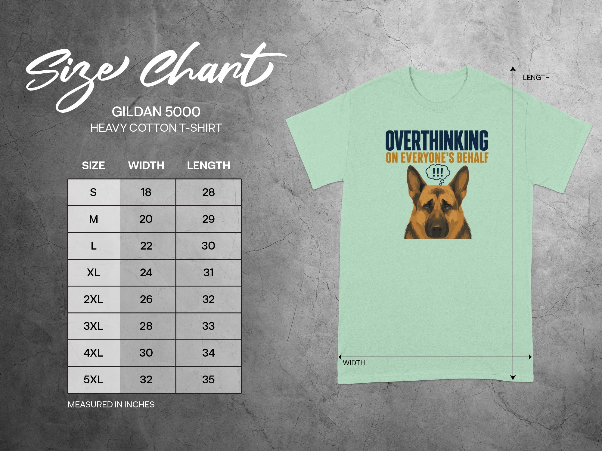 Gildan 5000 t-shirt size chart with graphic of anxious dog.