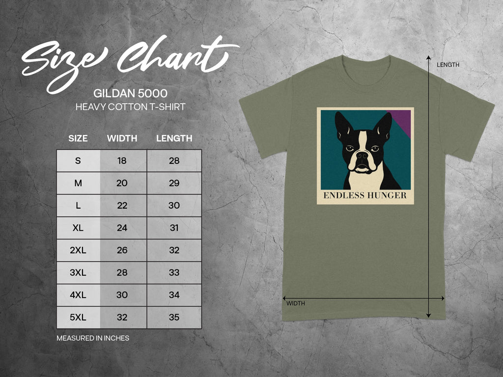 Gildan 5000 Heavy Cotton T-shirt size chart with measurements in inches.