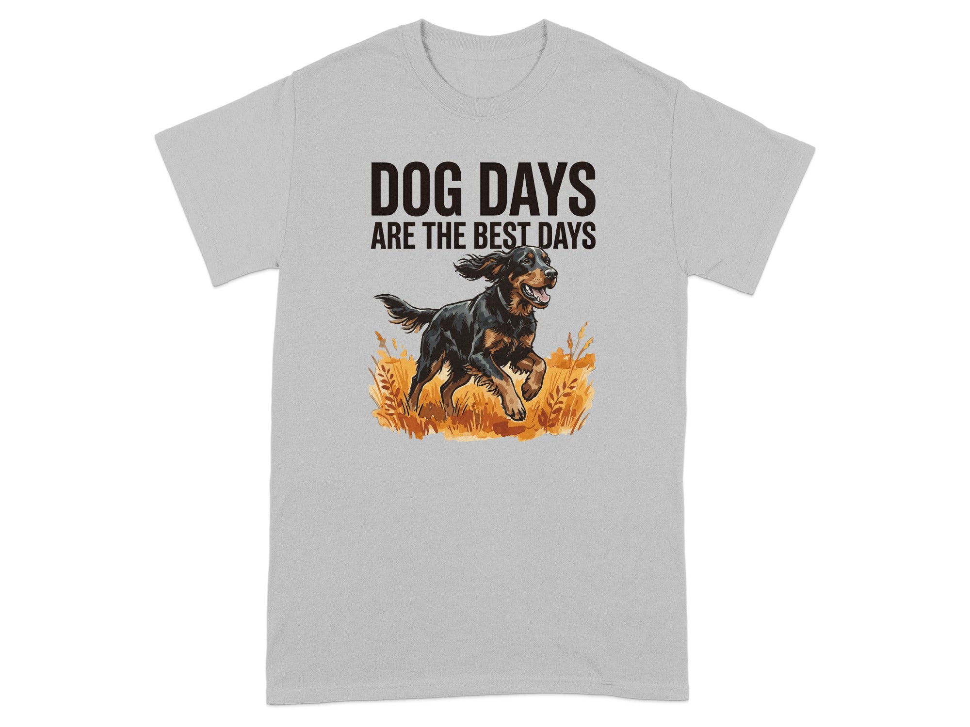 Dog running through tall grass with "DOG DAYS ARE THE BEST DAYS" text.