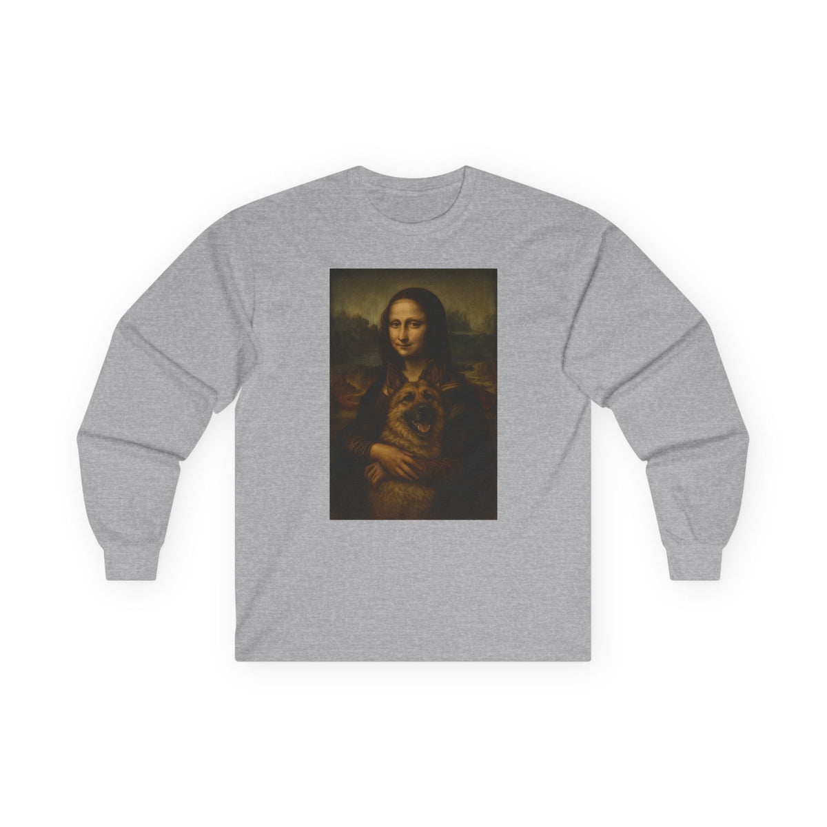 Mona Lisa German Shepherd Dog Friendship Long Sleeve Tee in Sport Grey