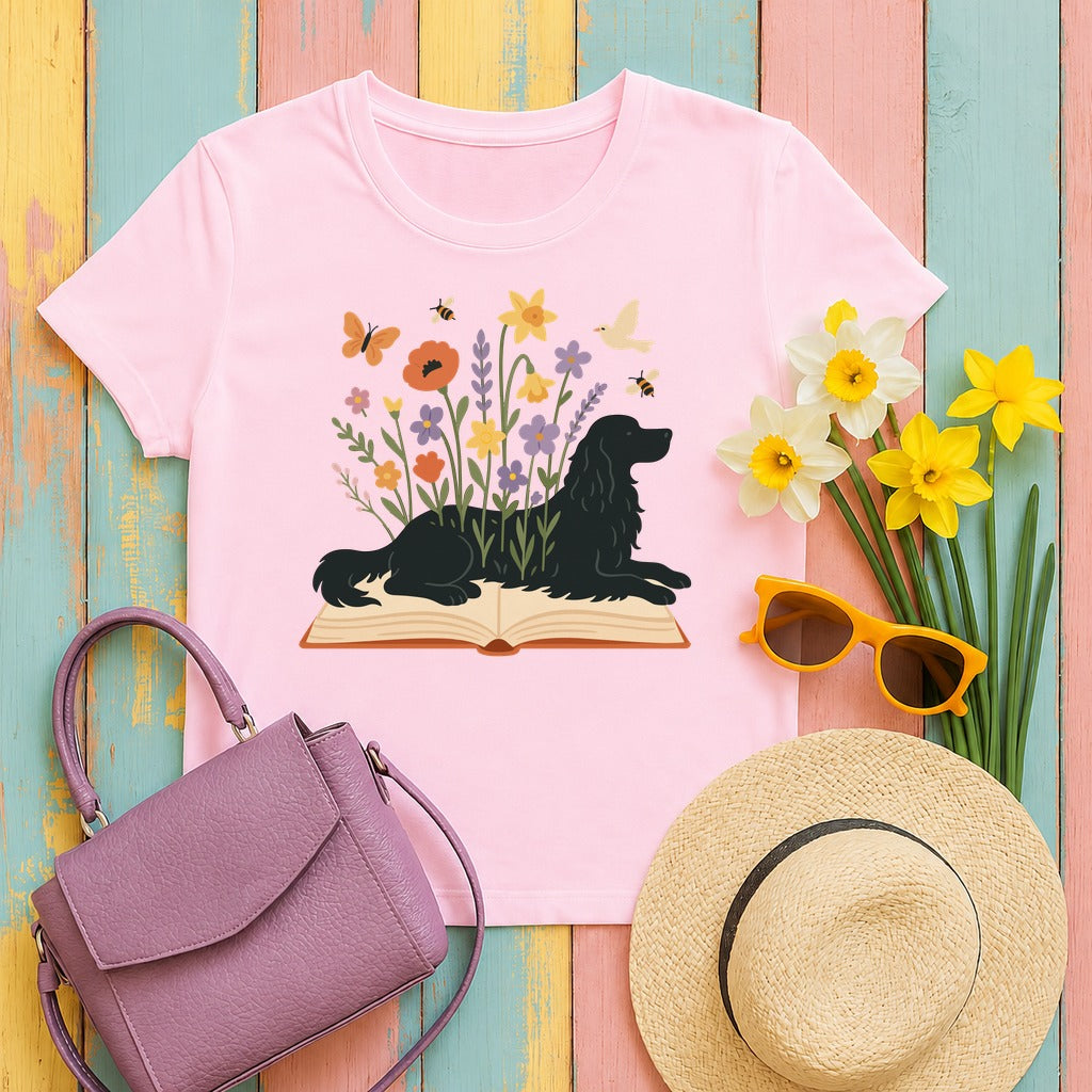 Gordon Setter Resting on Book Amidst Blooms Garden Art T-Shirt in Light Pink
