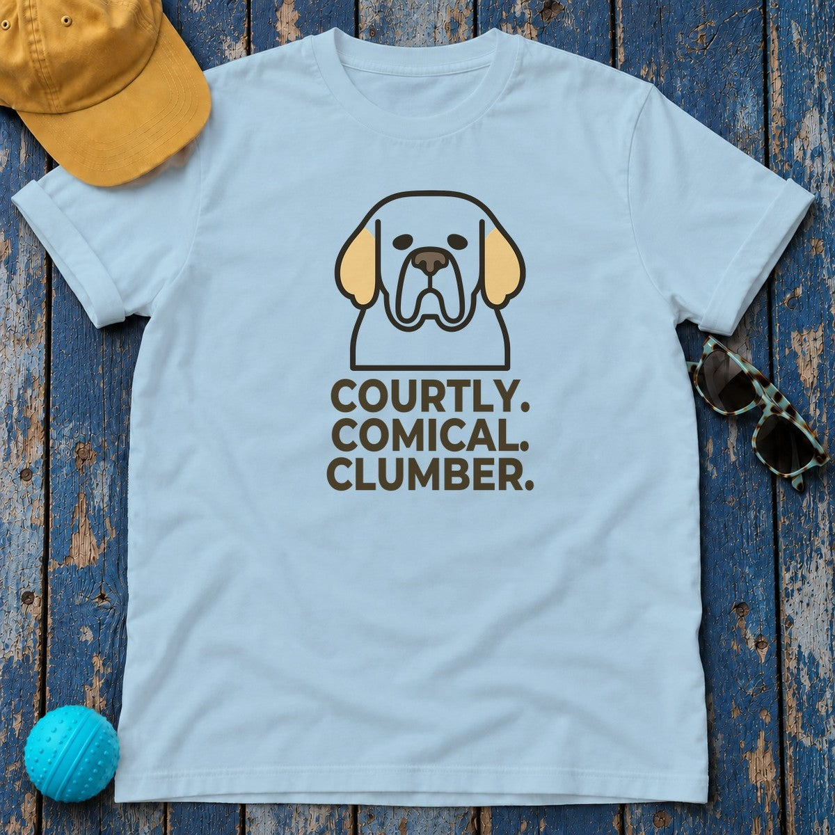 Courtly. Comical. Clumber. Clumber Spaniel T-Shirt in Light Blue