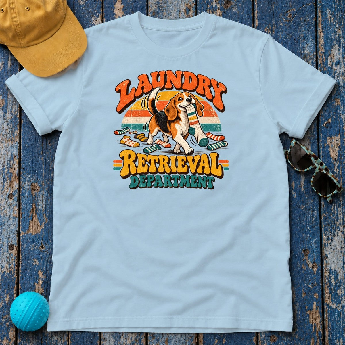 Laundry Retrieval Department Beagle T-Shirt in Light Blue - flat lay