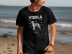 Black t-shirt with anatomical diagram of a Vizsla and humorous technical labels.