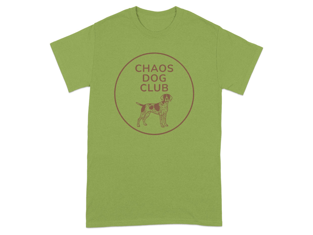 Green t-shirt with "Chaos Dog Club" text and a dog silhouette in a circle.