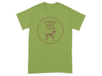 Green t-shirt with "Chaos Dog Club" text and a dog silhouette in a circle.