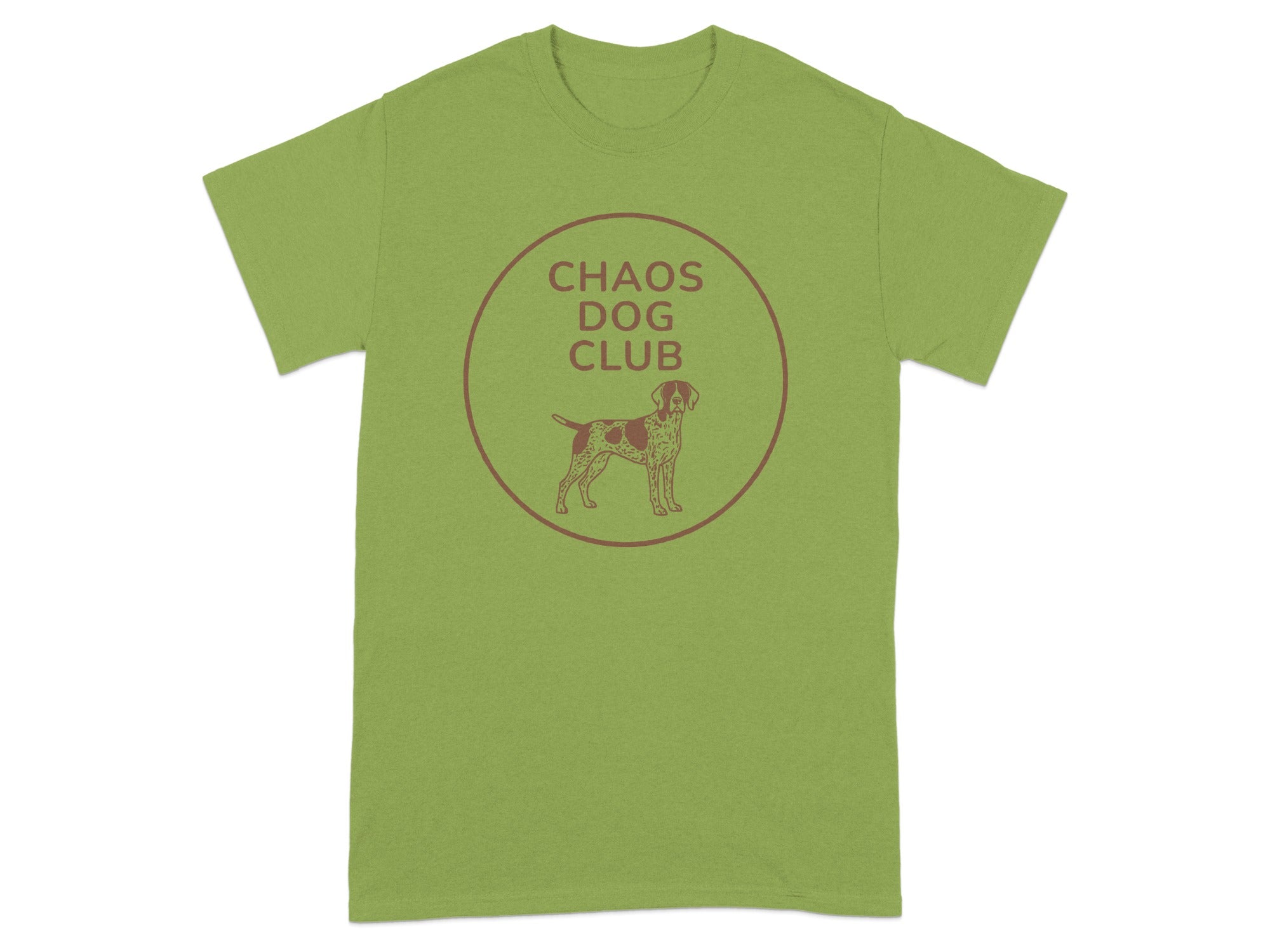 Green t-shirt with "Chaos Dog Club" text and a dog silhouette in a circle.