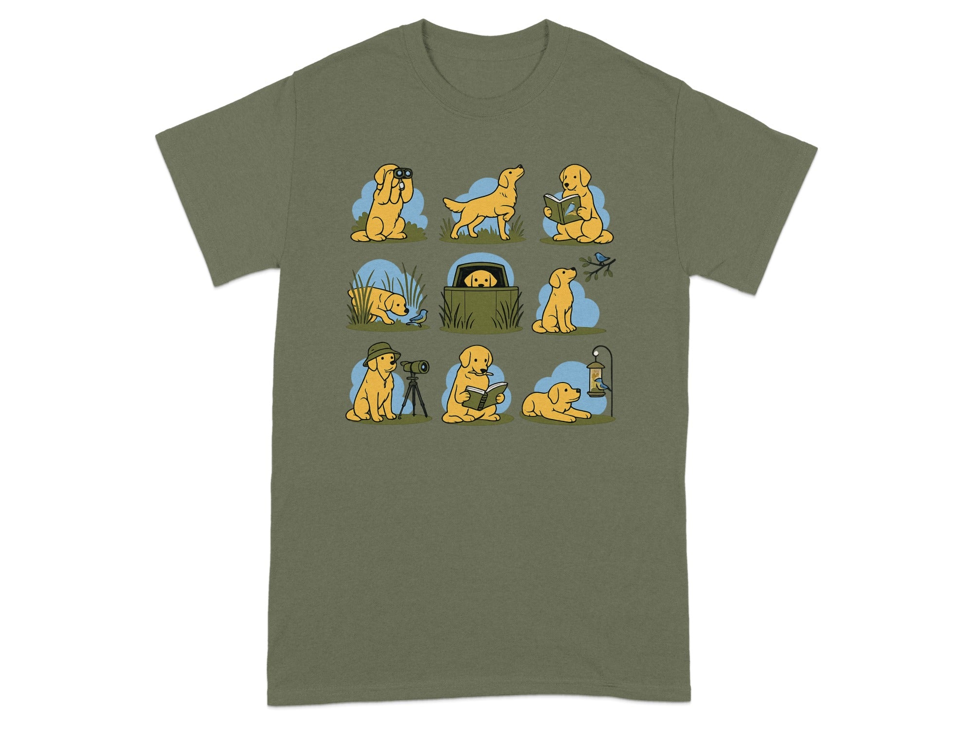 Cartoon golden retrievers engage in various activities in a grid of nine images.