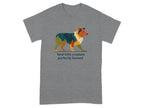 Grey t-shirt with colorful abstract dog graphic and text "feral little creature, perfectly formed".