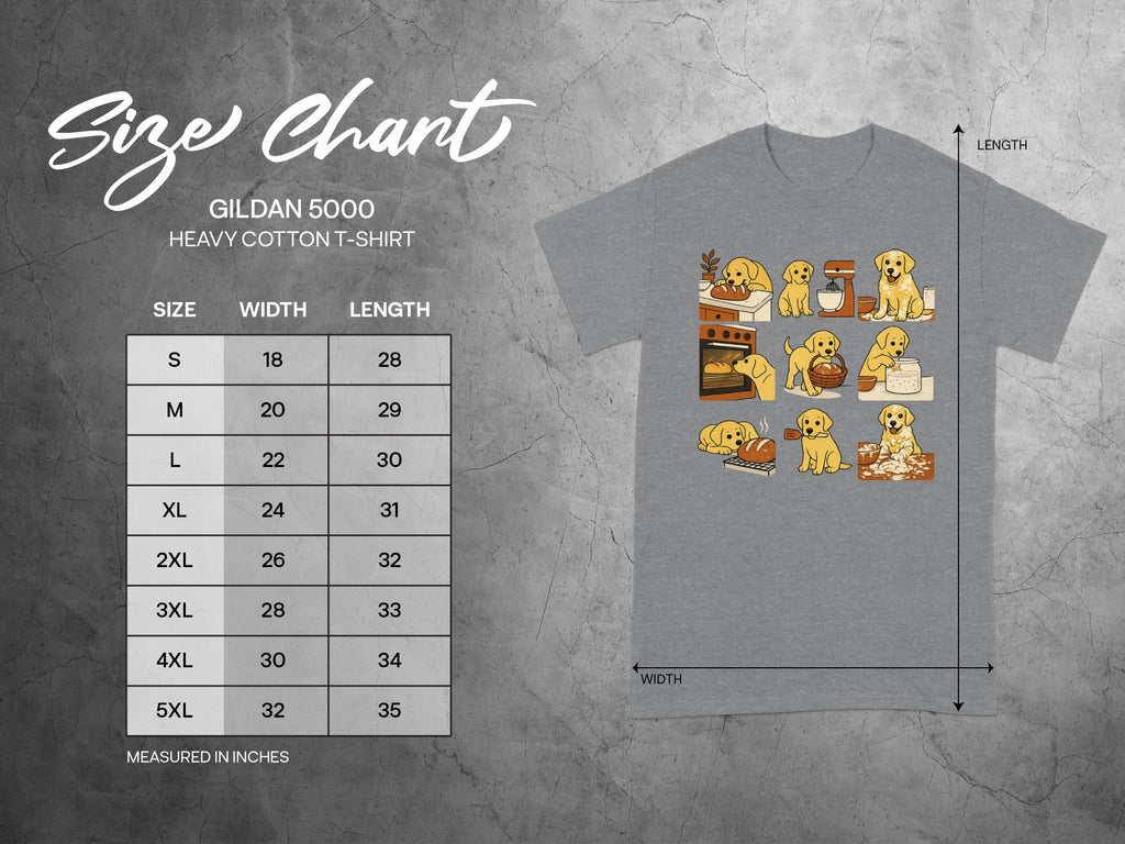 Gildan 5000 t-shirt size chart with width and length in inches.