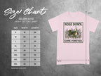 Gildan 5000 size chart for Heavy Cotton T-Shirt with "Nose Down. Gone Forever." graphic.