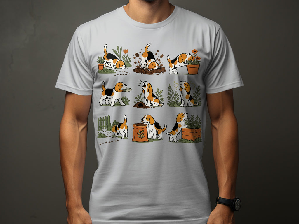 Illustration of beagles gardening in a grid format.