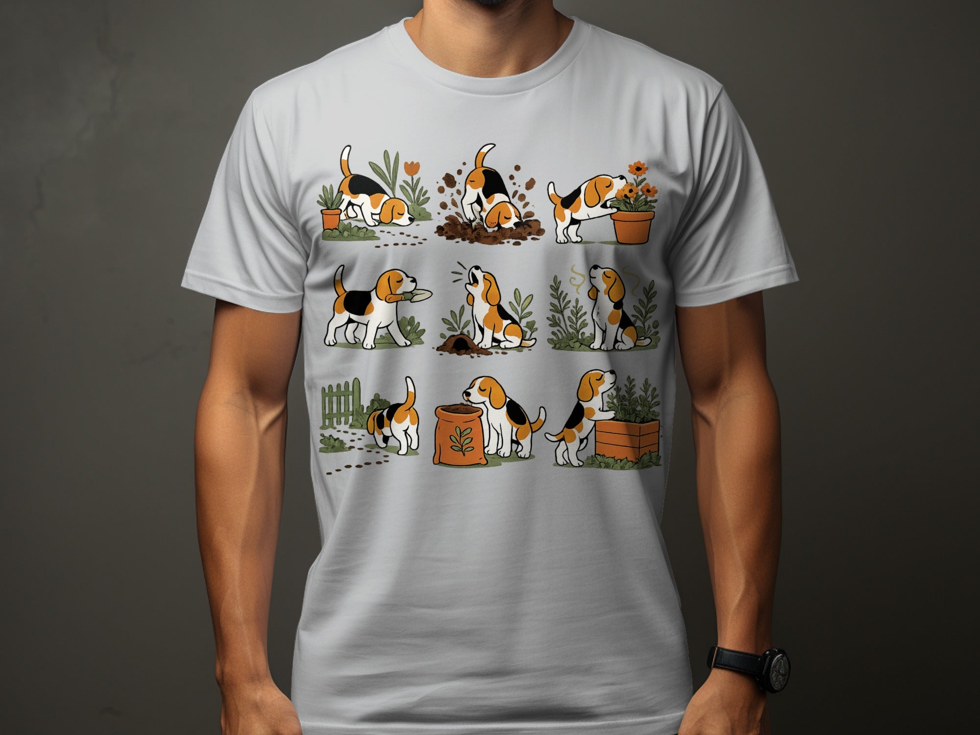 Illustration of beagles gardening in a grid format.