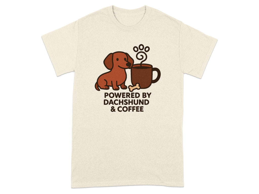 T-shirt graphic of dachshund and coffee cup with text "POWERED BY DACHSHUND & COFFEE".