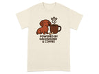 T-shirt graphic of dachshund and coffee cup with text "POWERED BY DACHSHUND & COFFEE".