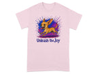 Pink t-shirt with running chihuahua and "Unleash the Joy" text.