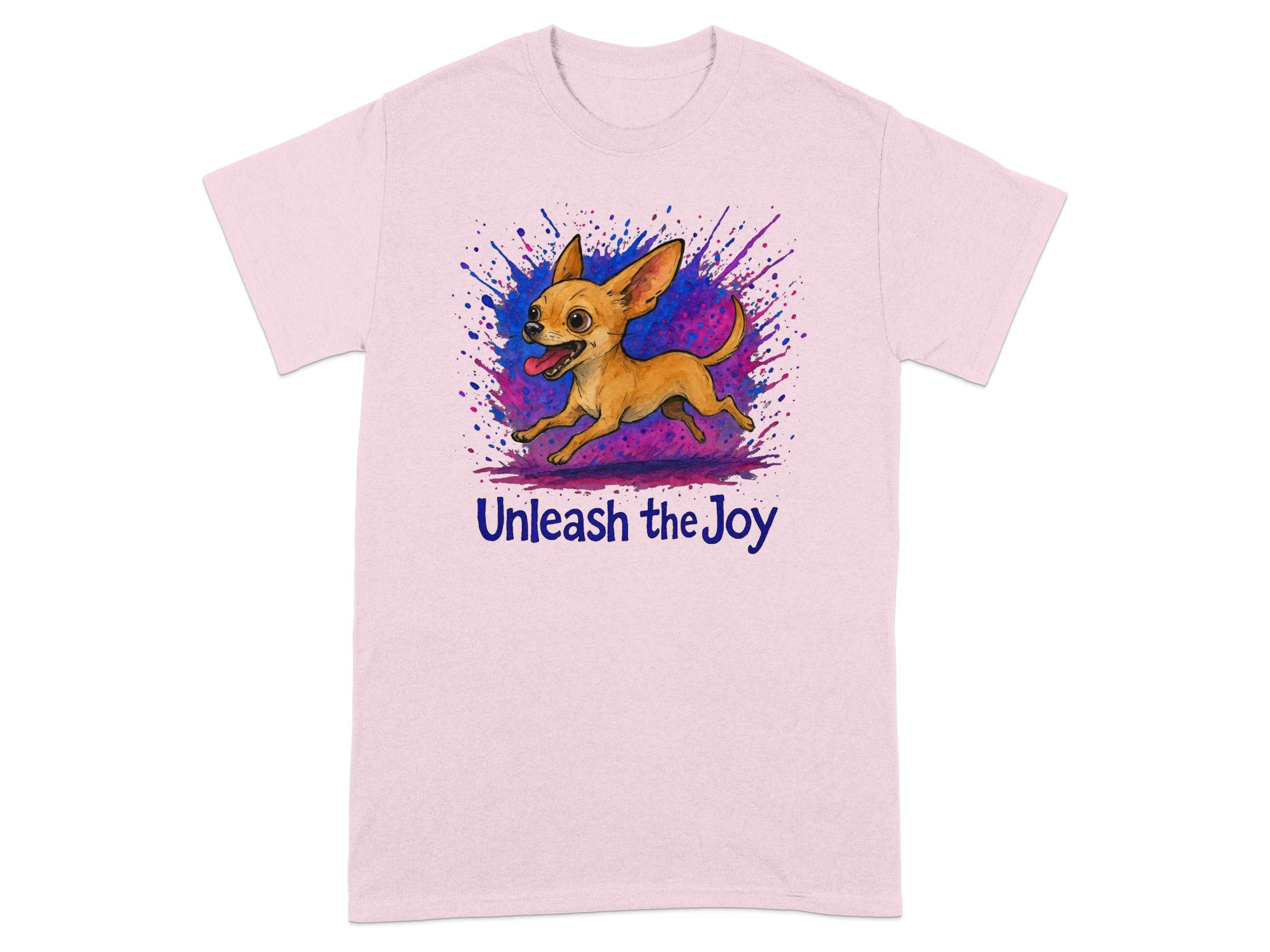 Pink t-shirt with running chihuahua and "Unleash the Joy" text.