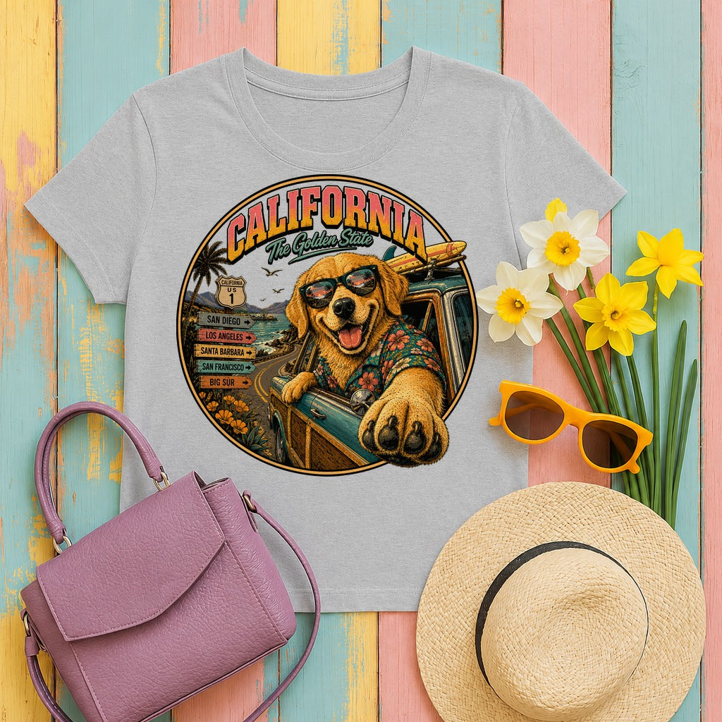 Retro Surf Golden Retriever T-Shirt in Sport Grey
