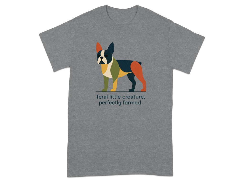 Grey t-shirt with a colorful geometric Boston Terrier and text.