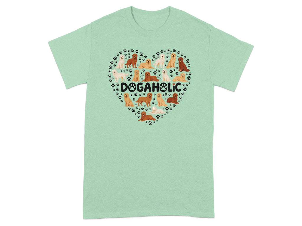 Mint green t-shirt with a heart-shaped collage of dogs and paw prints.