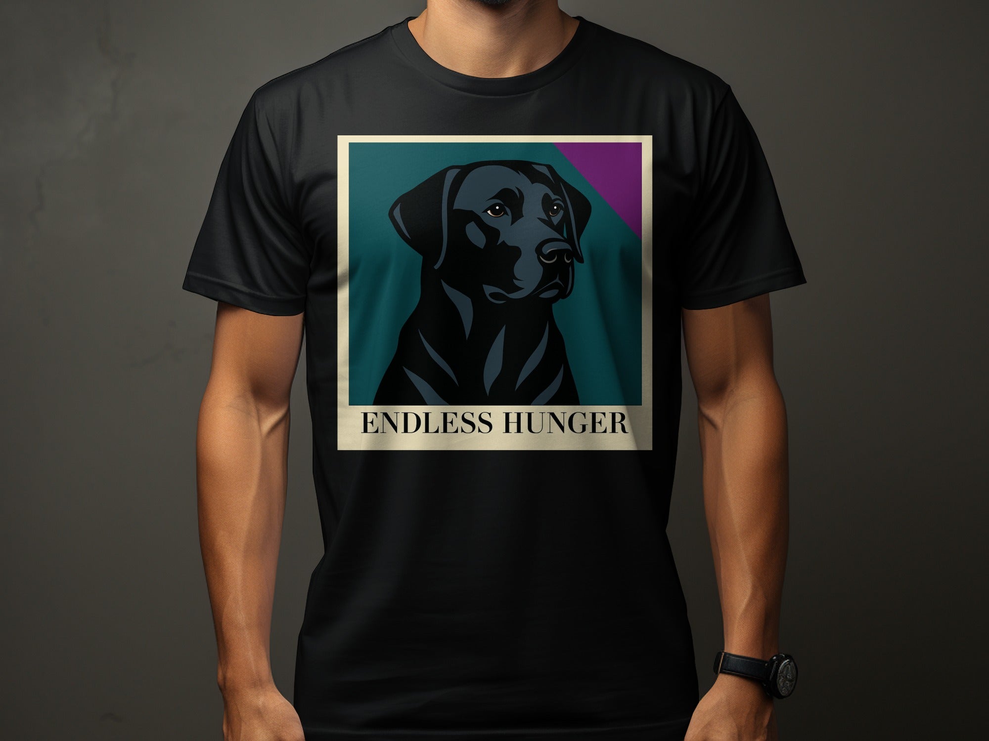Black Labrador portrait on a black t-shirt with "ENDLESS HUNGER" text.