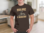 Brown t-shirt with dog and text "PHYSICAL CONTACT IS MANDATORY".