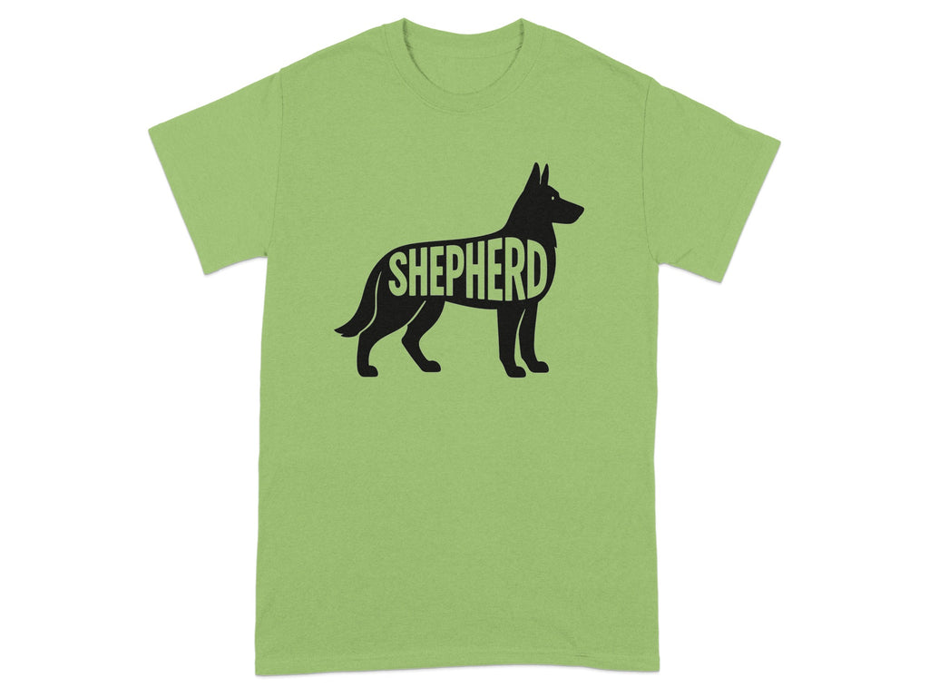 Light green t-shirt with black silhouette of a German Shepherd dog with "SHEPHERD" text.