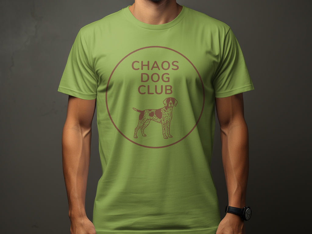 Green t-shirt with "CHAOS DOG CLUB" logo and dog silhouette.