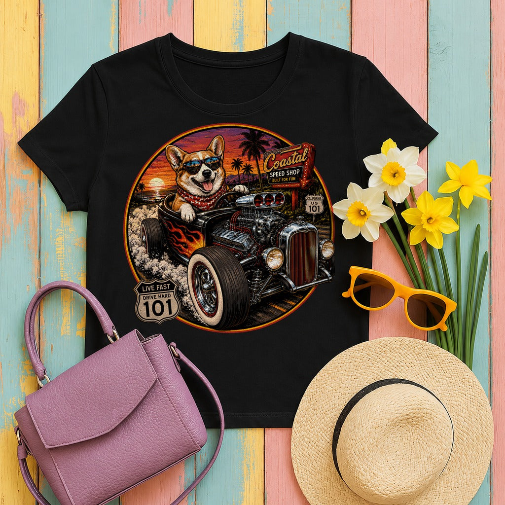 The Coastal Cruise Hot Rod Corgi T-Shirt in Black