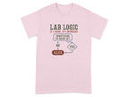 Pink t-shirt with "Lab Logic" flowchart about barking.
