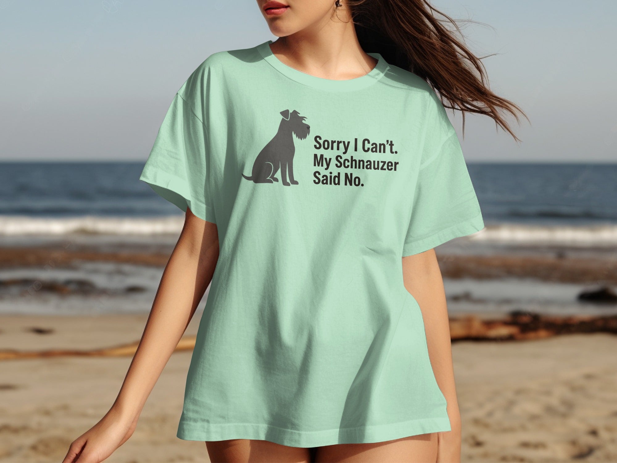Light green t-shirt with a schnauzer graphic and "Sorry I Can't. My Schnauzer Said No." text.