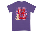 Purple t-shirt with "First of all, I'm a delight" text, dog, and flowers.