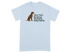 Light blue t-shirt with a brown German Shorthaired Pointer silhouette and text.