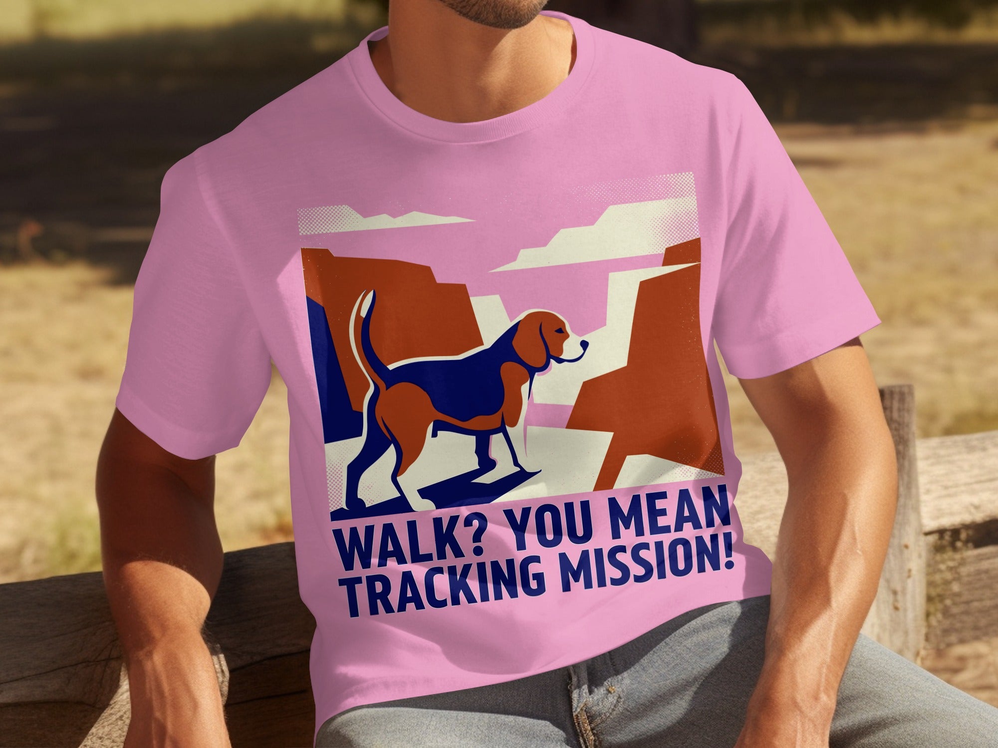 Pink t-shirt with beagle on rocky cliff graphic and text "WALK? YOU MEAN TRACKING MISSION!".