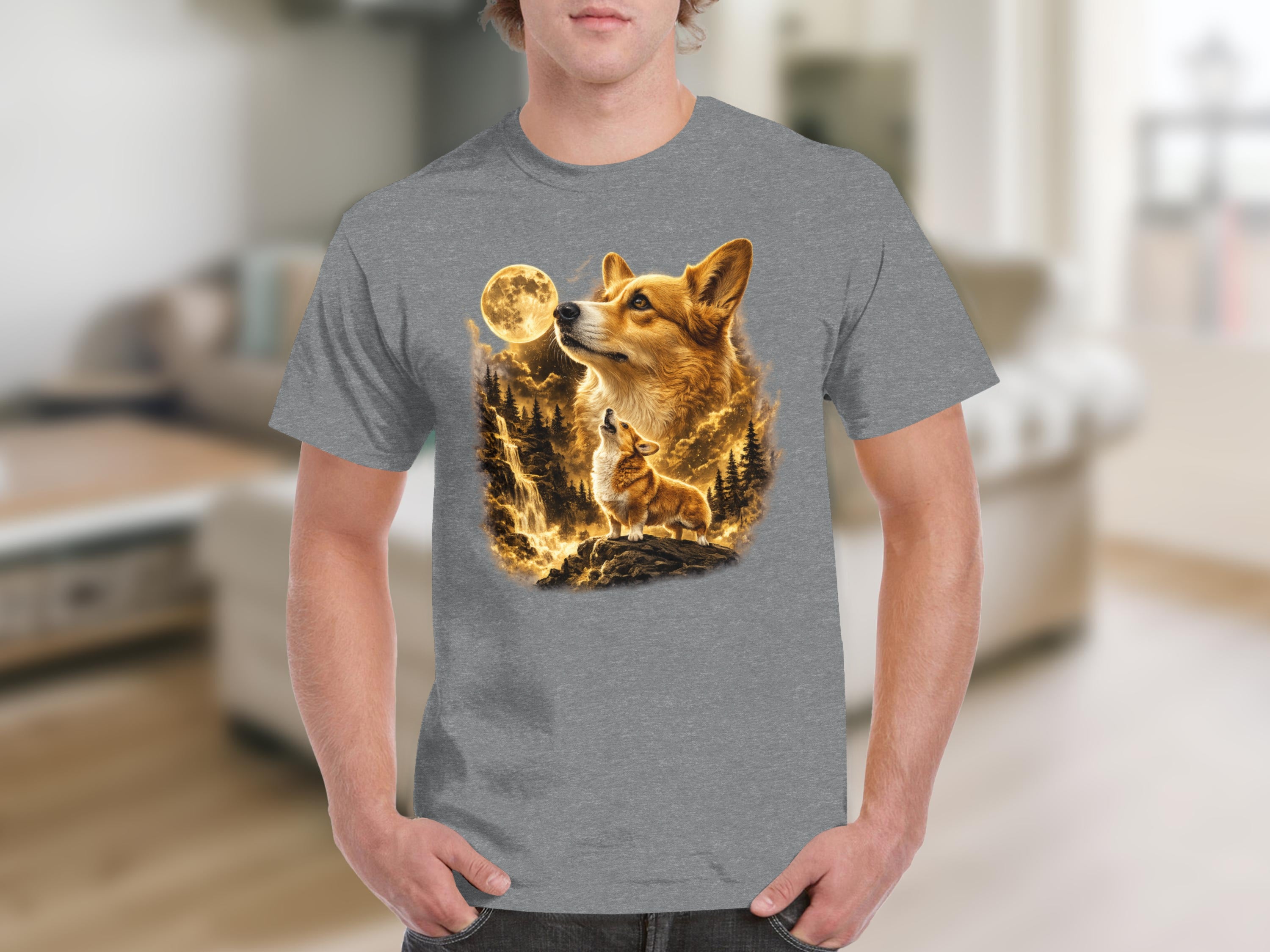 Corgi howling at the moon with a waterfall and trees, warm golden lighting.