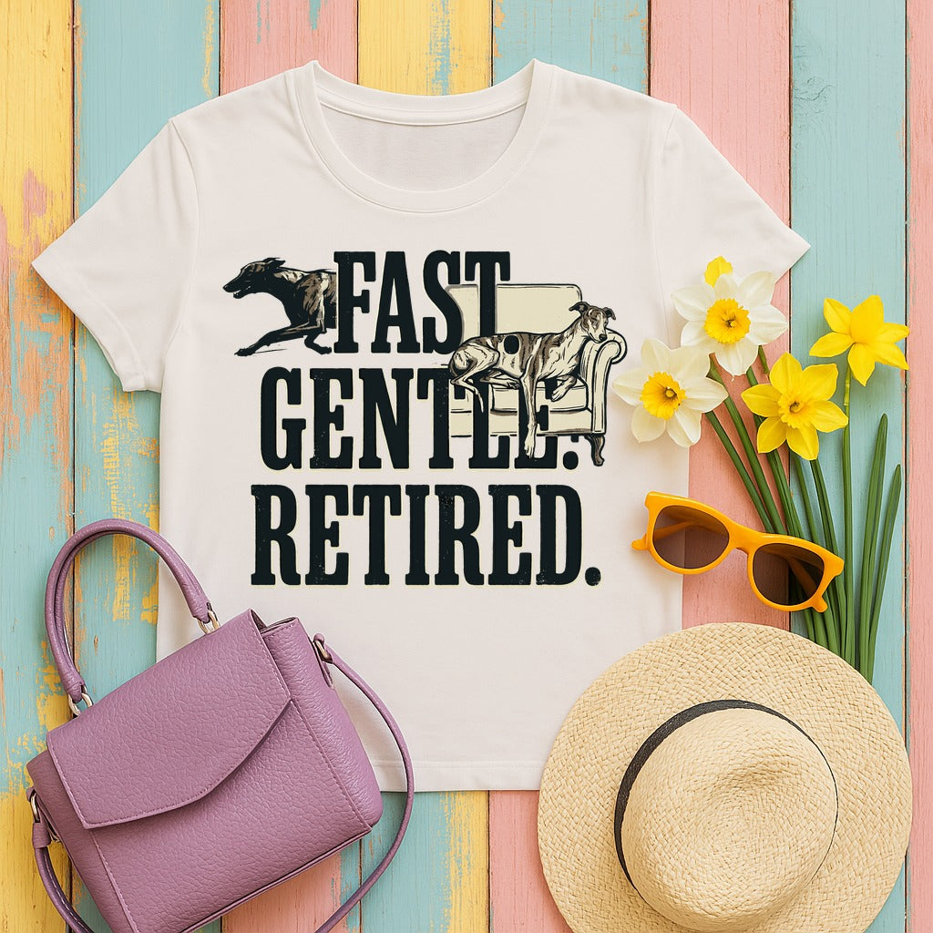 Fast. Gentle. Retired. Greyhound T-Shirt in Ice Grey