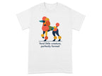 Abstract colorful poodle graphic with text "feral little creature, perfectly formed".
