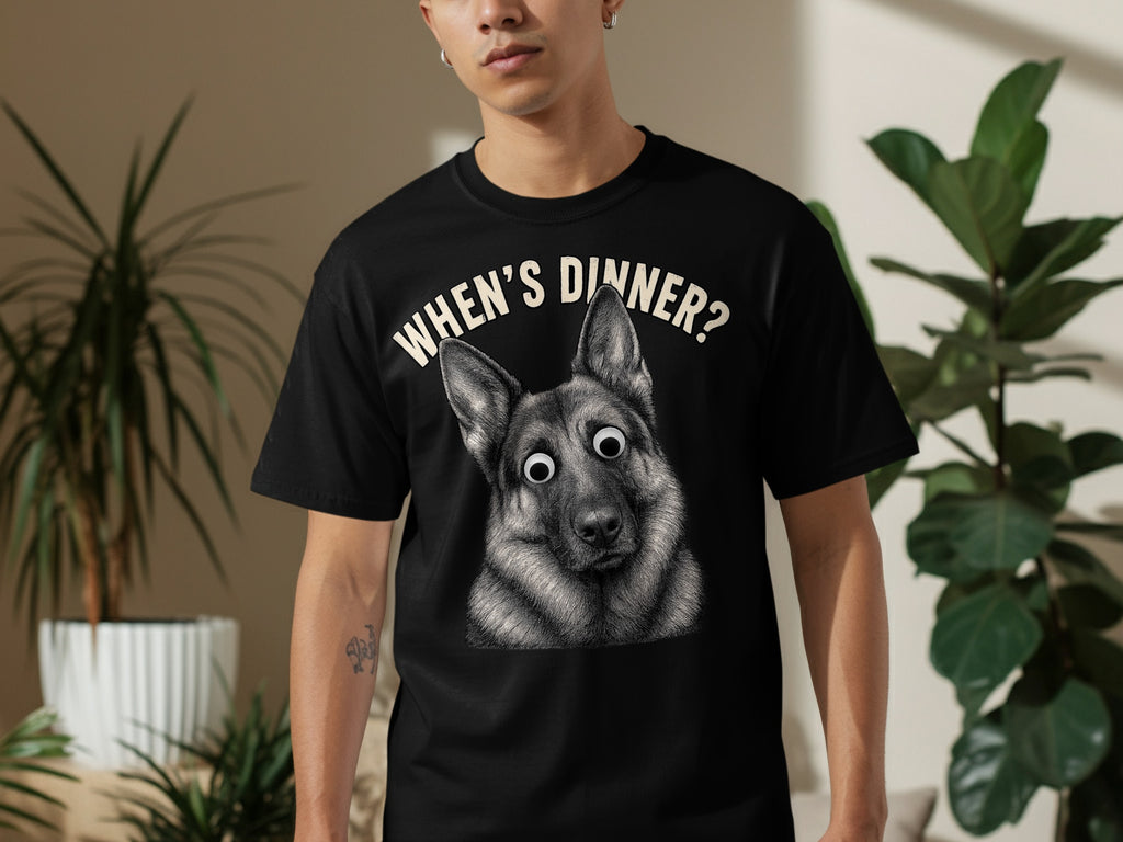Black t-shirt with German Shepherd graphic and "WHEN'S DINNER?" text.