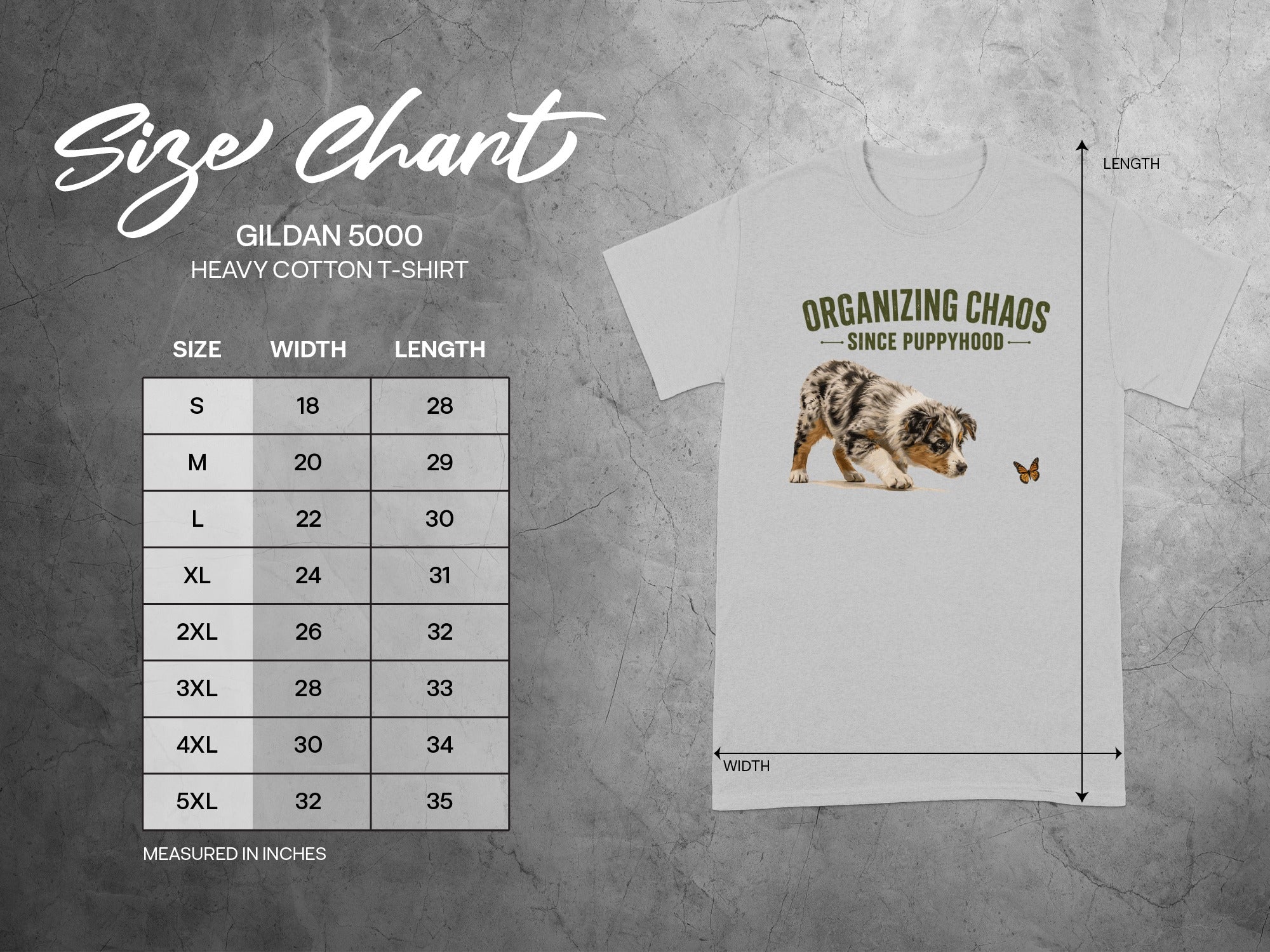 Gildan 5000 t-shirt size chart with width and length measurements in inches.