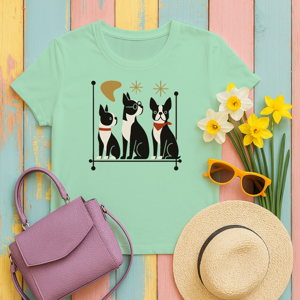 Mid-Century Modern Boston Terriers T-Shirt in Mint Green