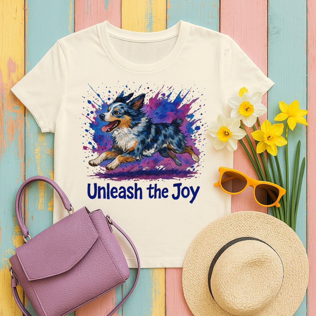 Vibrant Splash Australian Shepherd T-Shirt in Natural