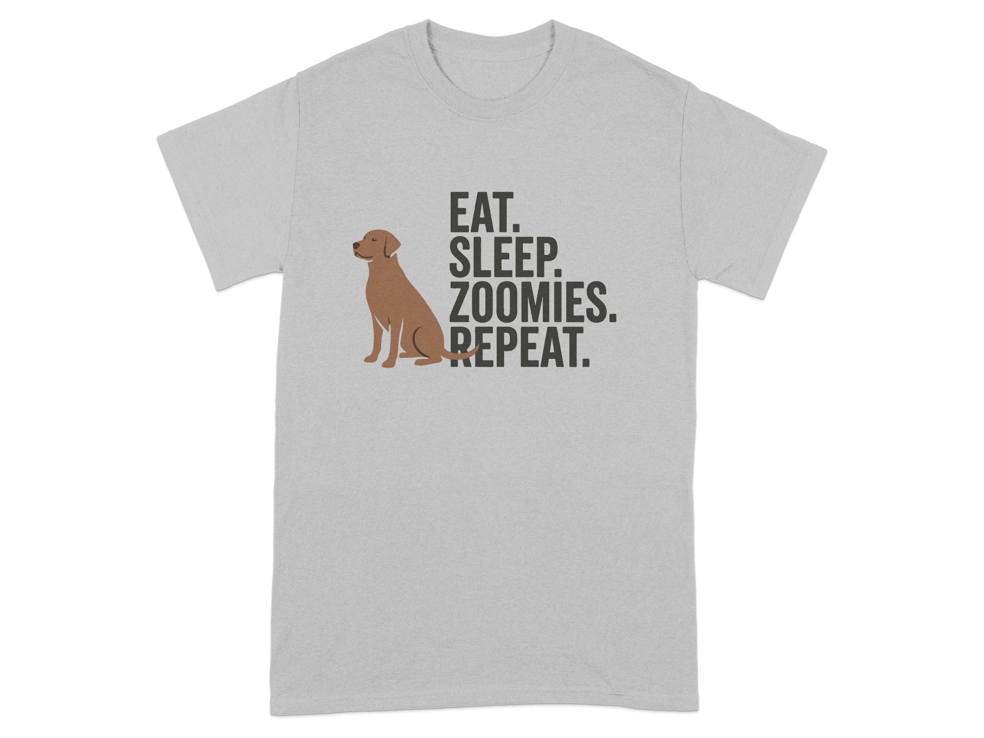 Gray t-shirt with text "EAT. SLEEP. ZOOMIES. REPEAT." and a dog icon.
